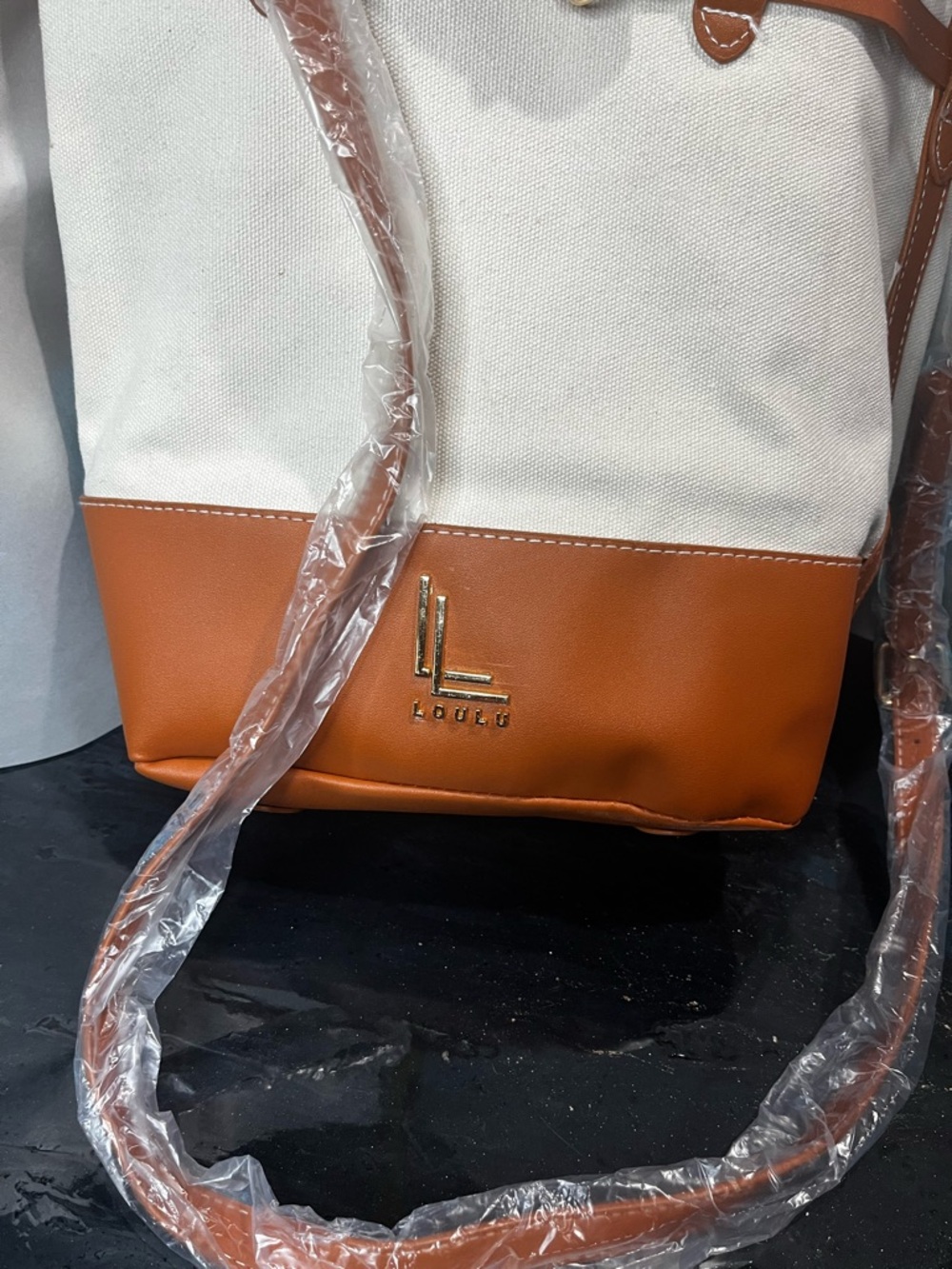 LOUCU Two-Tone White and Tan Canvas Tote